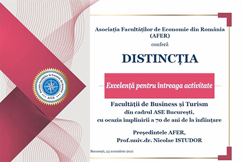 Facultatea de Business și Turism a primit distincția ”Excelență pentru întreaga activitate”