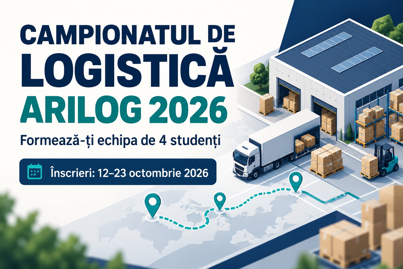 Campionatul de Logistică ARILOG 2026. Echipe de 4 studenți. Înscrieri: 12–23 octombrie 2026.