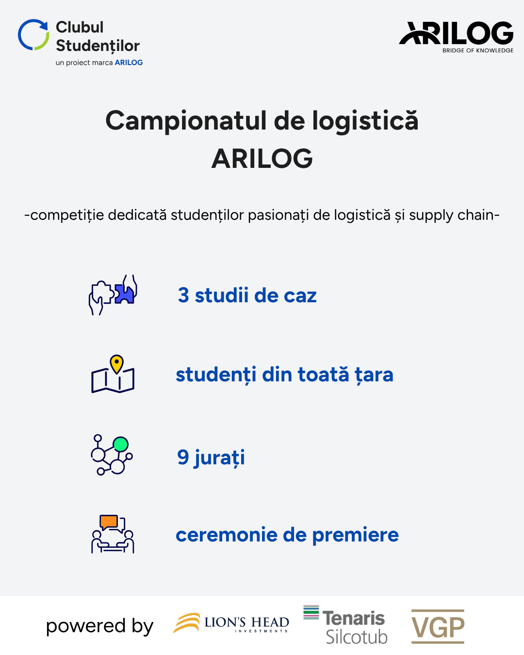 Campionatul de Logistică ARILOG: 3 studii de caz, studenți din toată țara, 9 jurați și ceremonie de premiere.